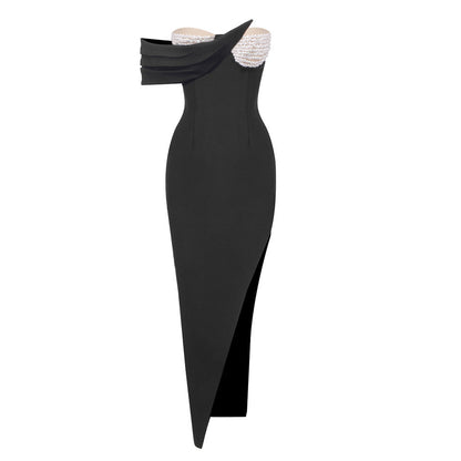 Pearl Beaded Strapless Asymmetric Drape One-Shoulder High Slit Maxi Gown