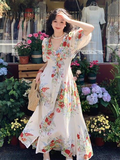Summer Meadow Vintage Puff Sleeve Dress French Floral Maxi Gown