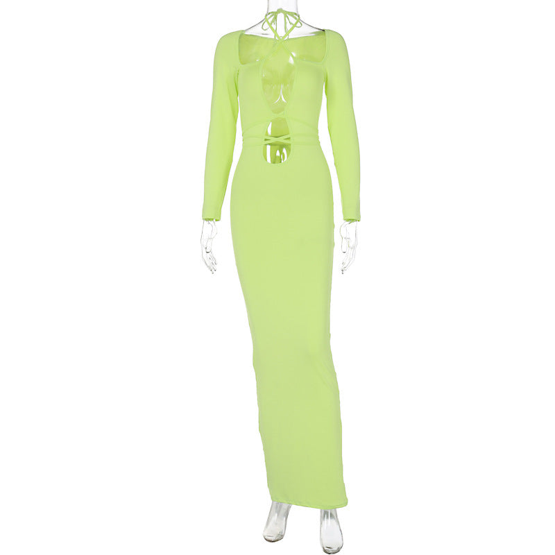 Halter Neck Lace-Up Cutout Long Sleeve Bodycon Maxi Dress