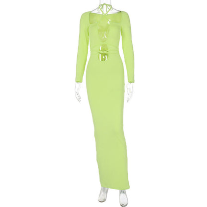 Halter Neck Lace-Up Cutout Long Sleeve Bodycon Maxi Dress