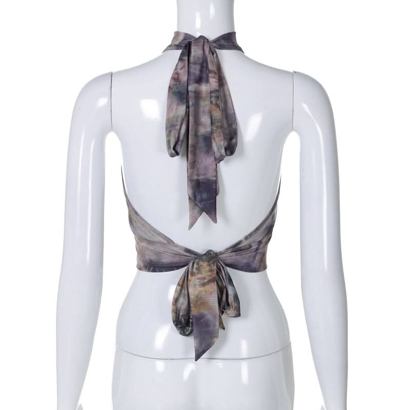 Halter beaded mesh self tie print backless top