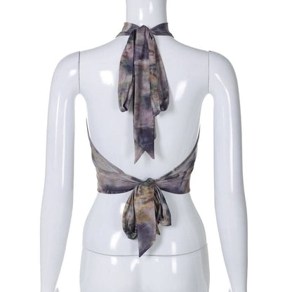 Halter beaded mesh self tie print backless top