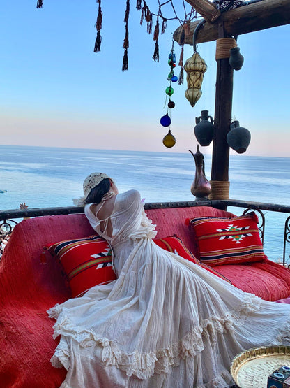 Tailande Linen Maxi Dress V-Neck Ruffle Goddess Gown with 10-Meter Full Hem