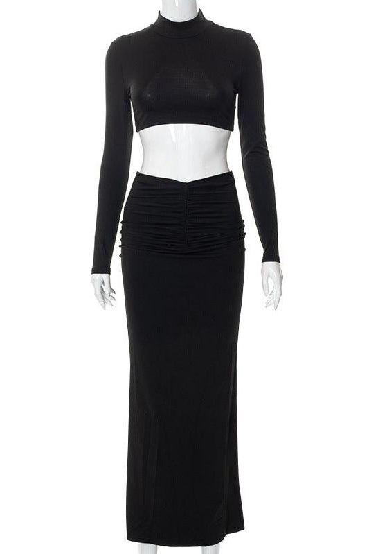 Casual Long Sleeve Stand Collar Long Skirt Suit