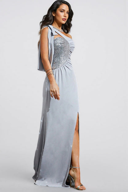 Anira Grey Blue Side Split Maxi Dress