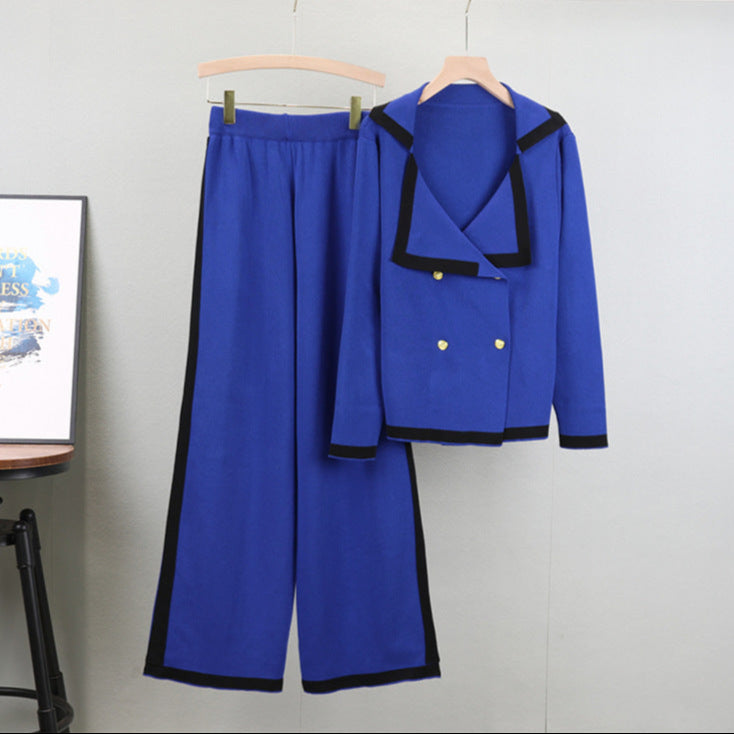Blue - Knitted Lapel Cardigan Two Piece Set