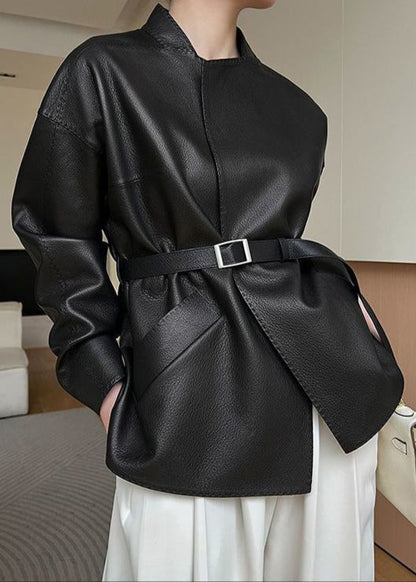 Raven Belted Faux Leather Jacket – Minimalist Wrap Design