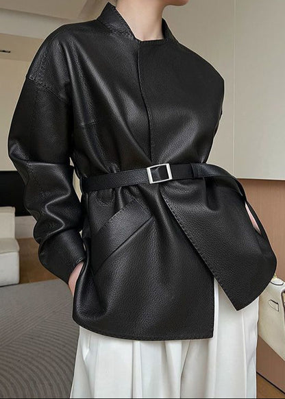 Raven Belted Faux Leather Jacket – Minimalist Wrap Design
