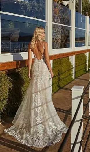 French Lace Long Train Bridal Wedding Dress