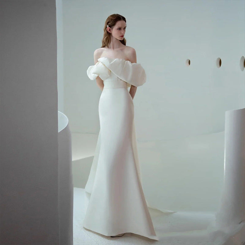Off-Shoulder Satin Slim Wedding Dress