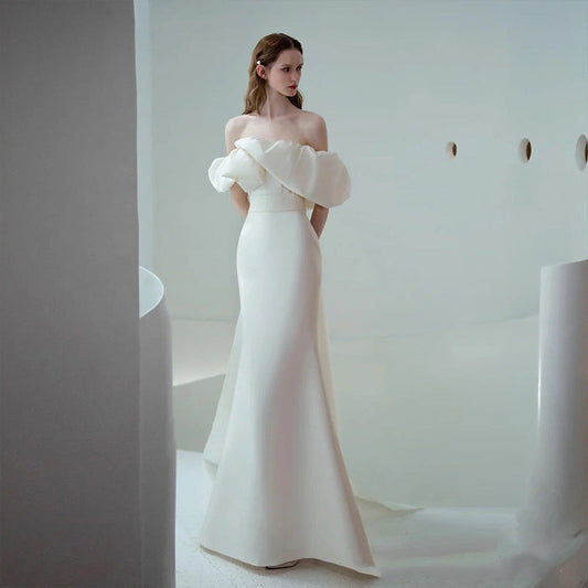 Off-Shoulder Satin Slim Wedding Dress