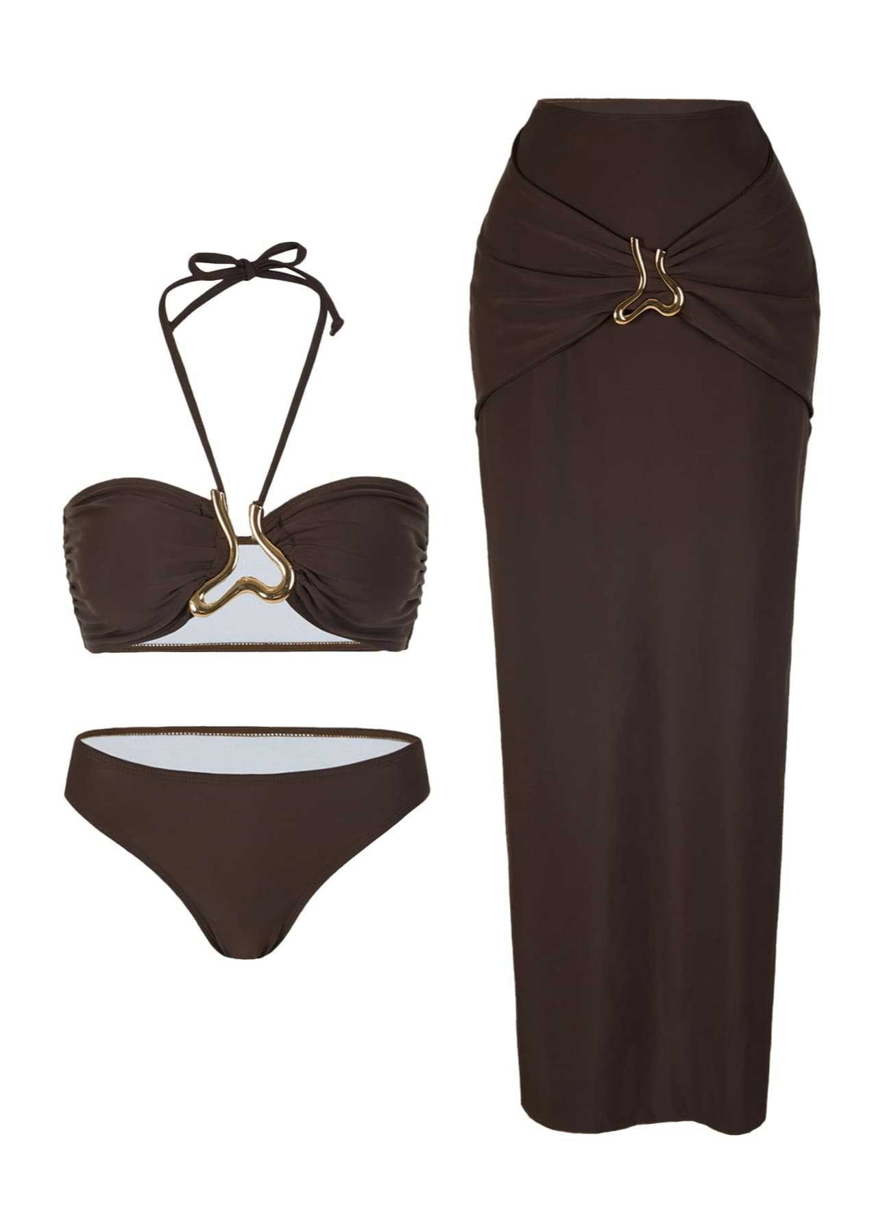 Isla - Three-Piece Bronze Halter Bikini & Skirt Set