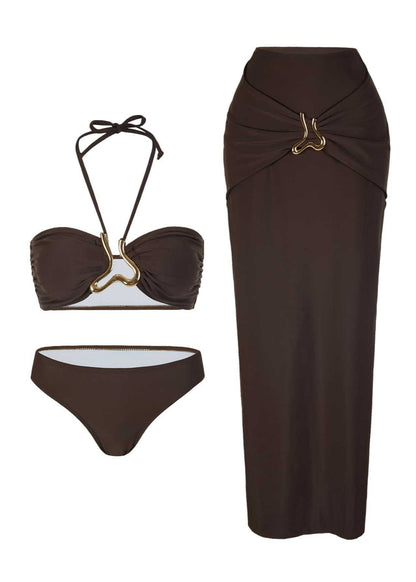 Isla - Three-Piece Bronze Halter Bikini & Skirt Set