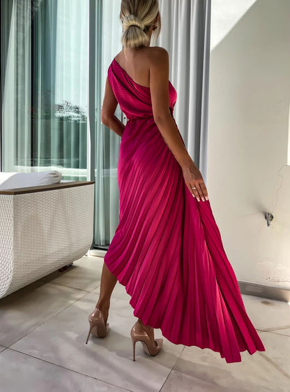 Romantic Nights Satin Raised Flower Elastic Cutout One Shoulder Pleated Maxi Dress
