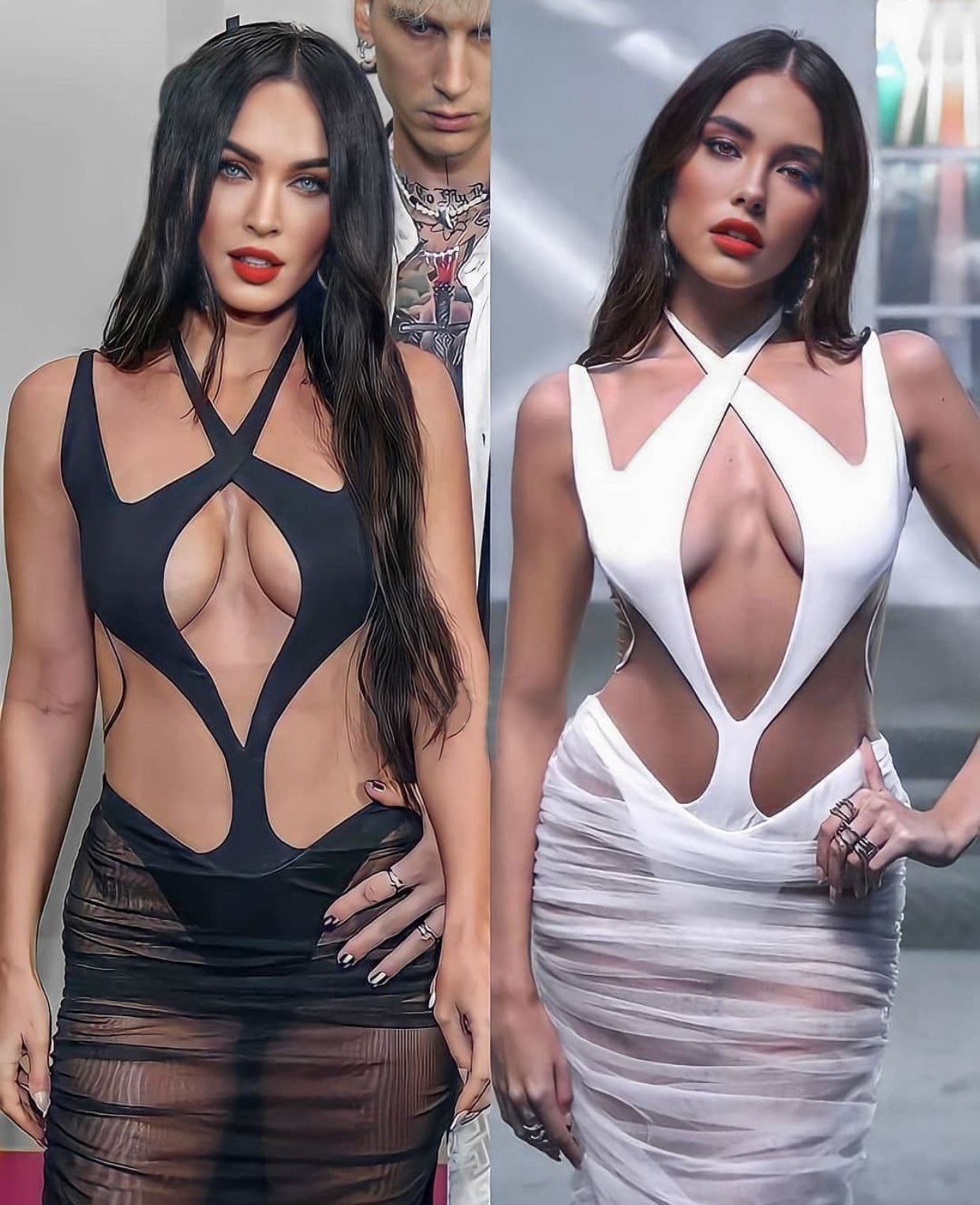 Deep V Cutout Bodycon Mini Dress Ruched Mesh Overlay Midi Dress