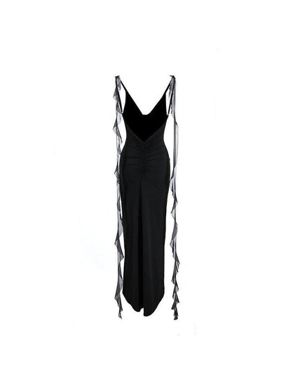 V Neck Backless Slim Fit Shoulder Strap Evening Dress