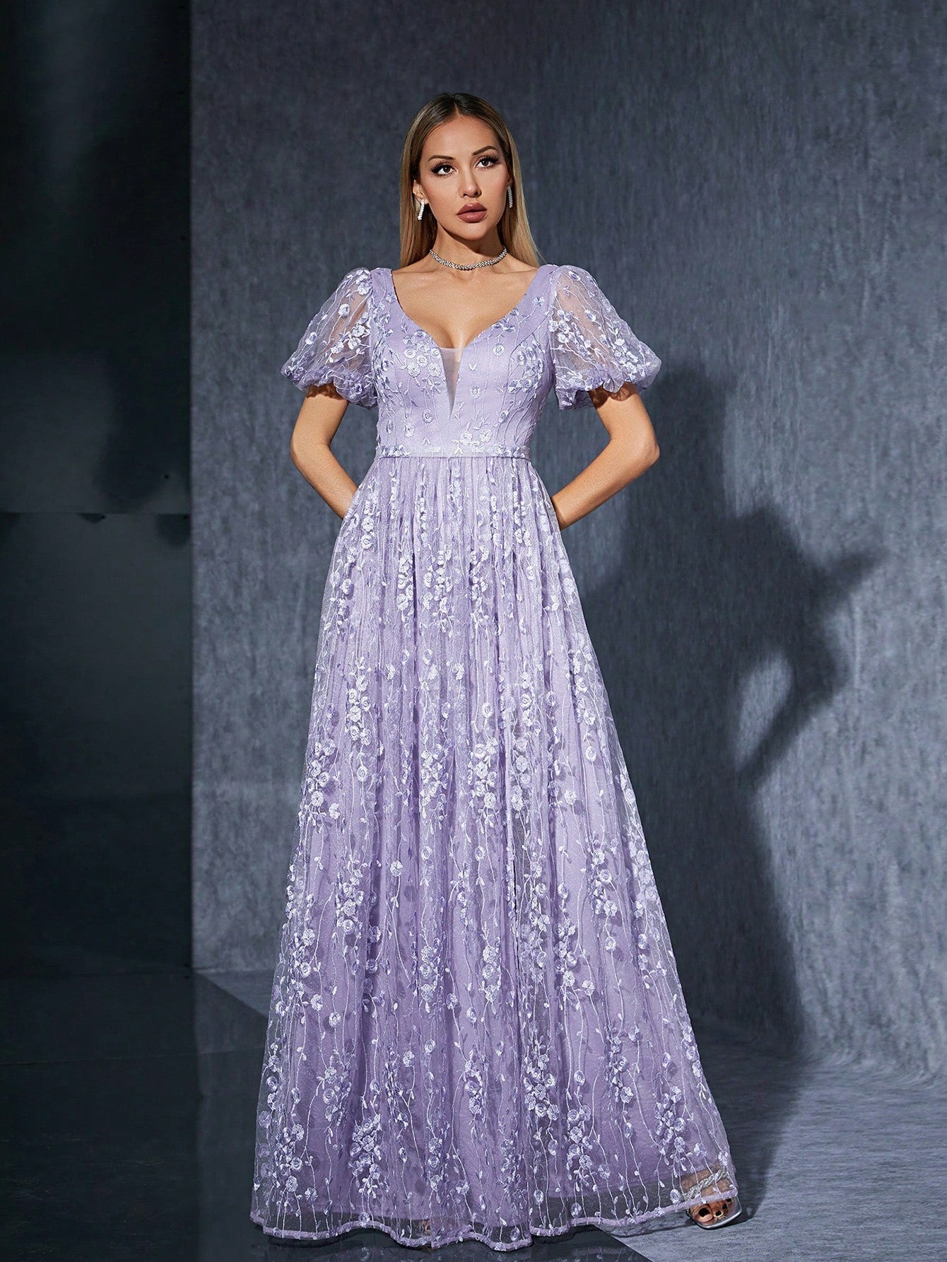 Deep V-Neck Puff Sleeve Floral Embroidered Mesh High Split Maxi Dress
