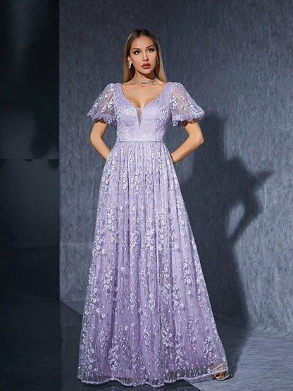 Deep V-Neck Puff Sleeve Floral Embroidered Mesh High Split Maxi Dress