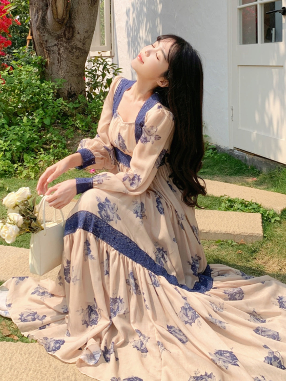 Elegant Faded Rose Long Sleeve Dress