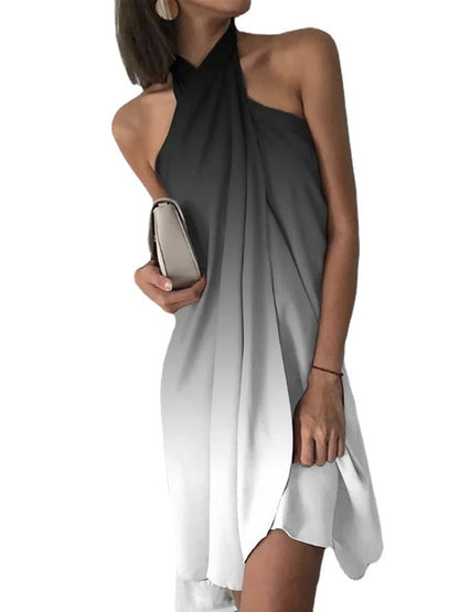 Halter Cross-Front Ombre Draped Shift Mini Dress
