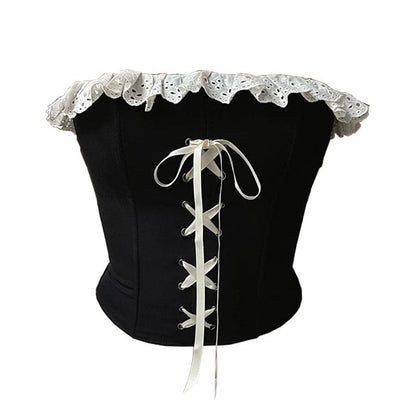 Ruffle lace up contrast backless tube top
