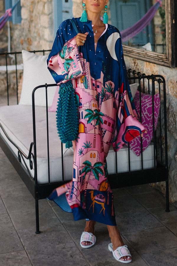 Seaside Stroll Satin Unique Print Button Up Long Sleeve Slit Kaftan Midi Dress