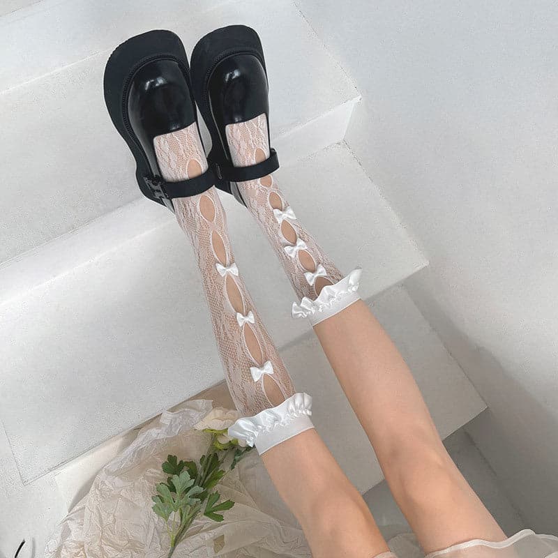 Lace hollow out bowknot satin ruffle long socks
