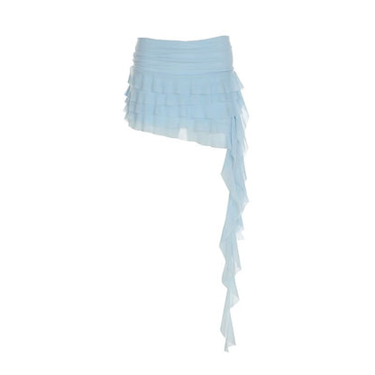Mesh ruffle irregular mini skirt