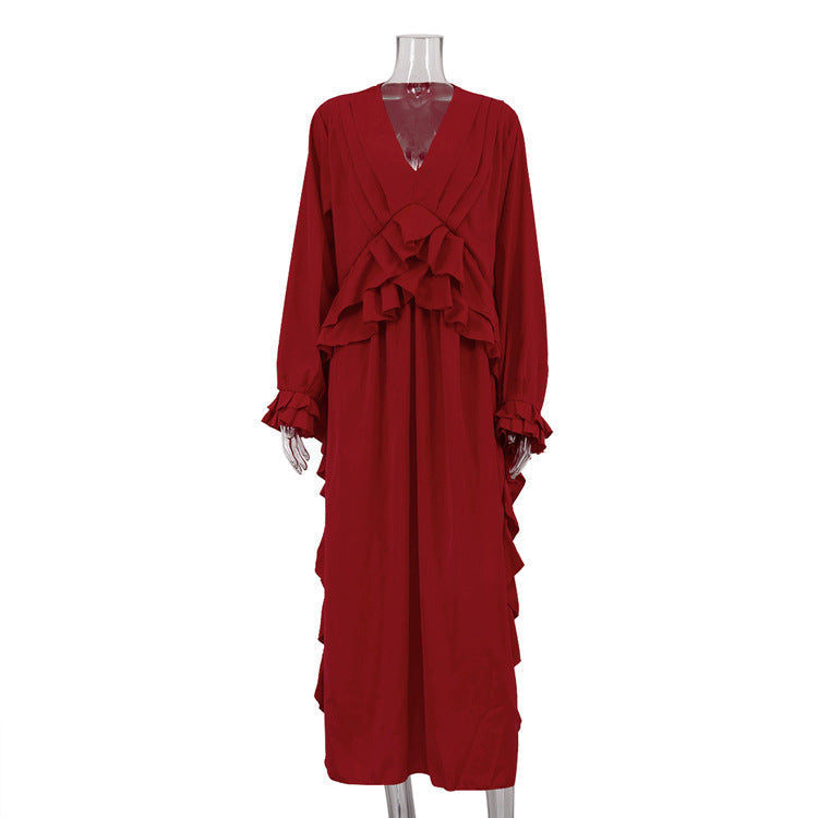 Deep V-Neck Ruffled Tier Long Sleeve High Slit Maxi Dress