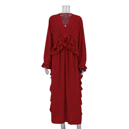 Deep V-Neck Ruffled Tier Long Sleeve High Slit Maxi Dress
