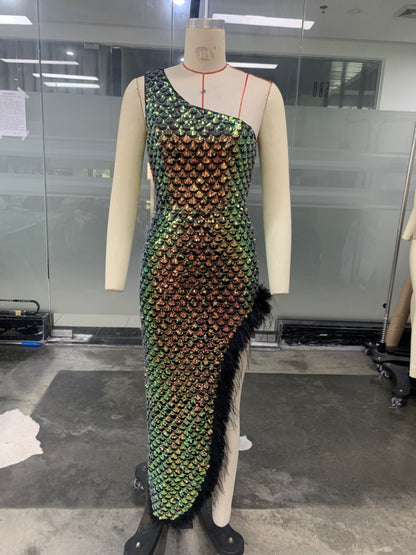 One Shoulder Feather Sequins Cocktail High Slit Dress