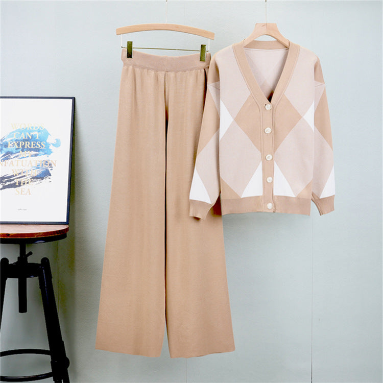 Khaki - Knitted Cardigan Fashion Two Piece Set
