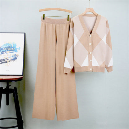 Khaki - Knitted Cardigan Fashion Two Piece Set