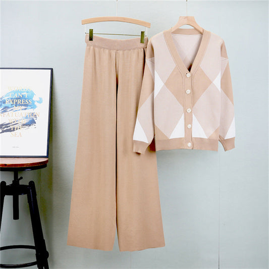 Khaki - Knitted Cardigan Fashion Two Piece Set