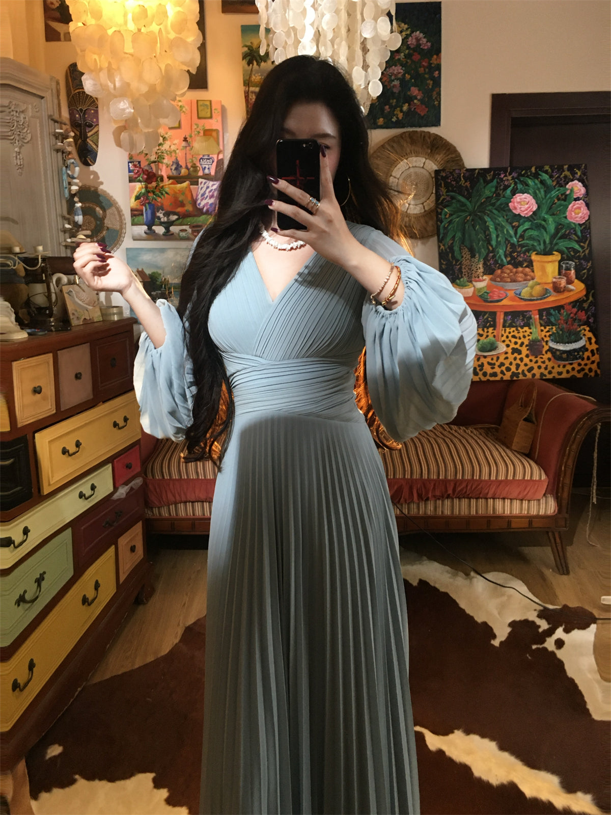 Misty Blue Pleated Panel Maxi Dress 2025 Flowy Elegant Slimming Gown gunne sax vintage dress