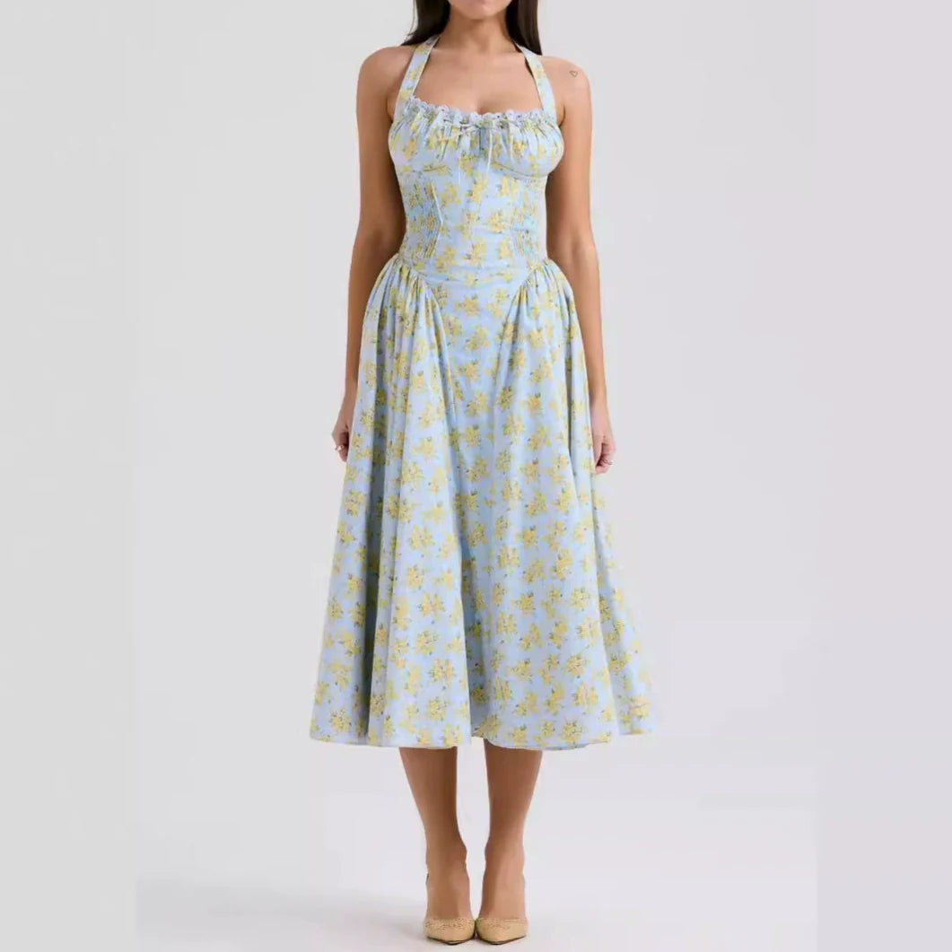 Blue - Sexy Floral Halter Neck Dress