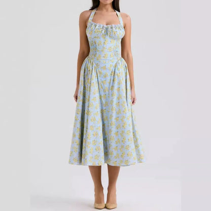 Blue - Sexy Floral Halter Neck Dress