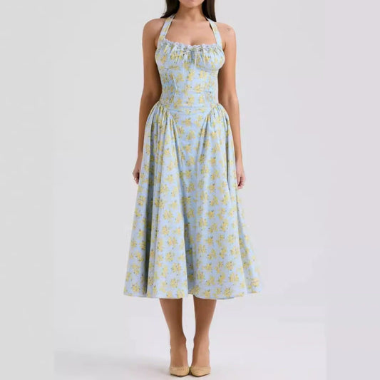 Blue - Sexy Floral Halter Neck Dress