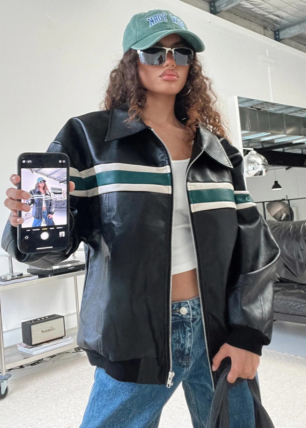 Racer - Faux Leather Bomber Jacket