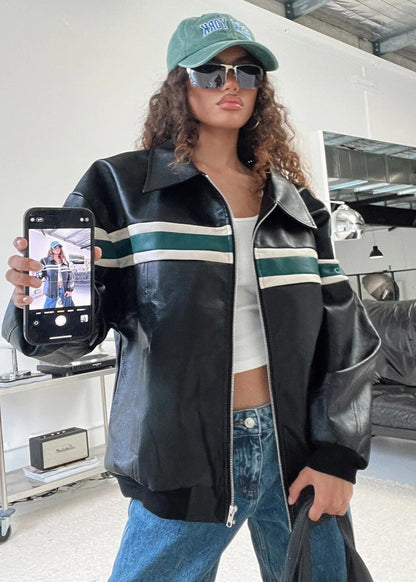 Racer - Faux Leather Bomber Jacket