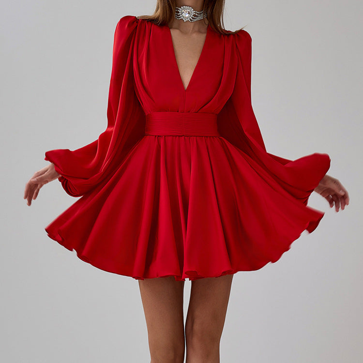 Deep V-Neck Puff Sleeve Ruched Waist Satin A-Line Mini Dress