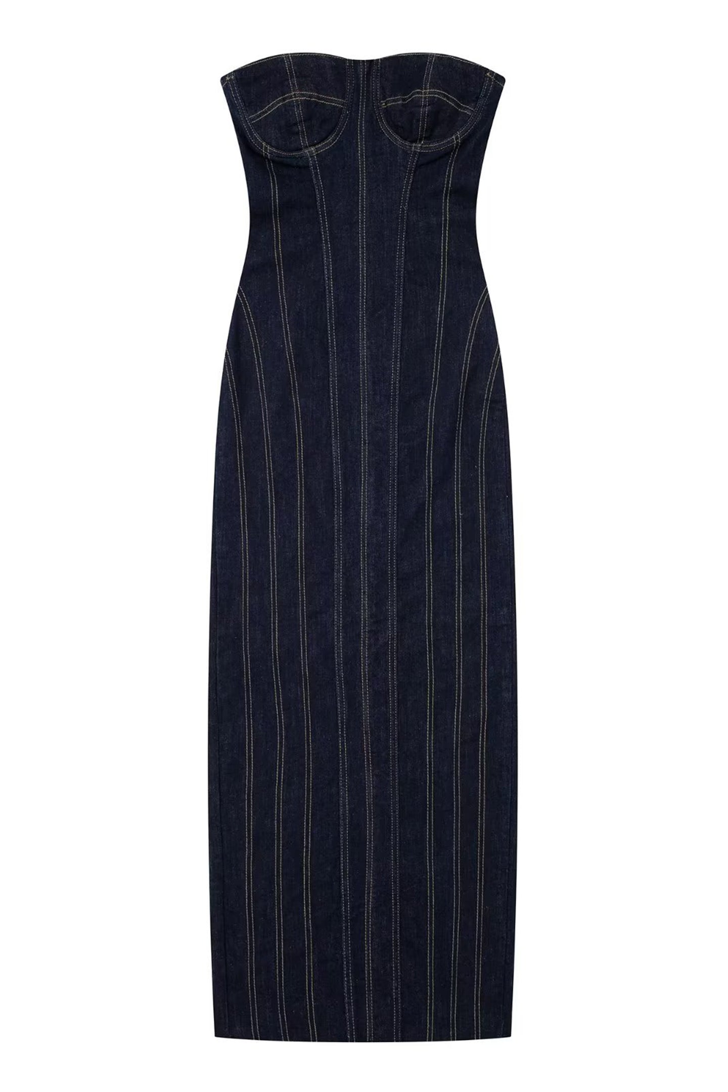 Arlene Strapless Back Slit Denim Maxi Dress