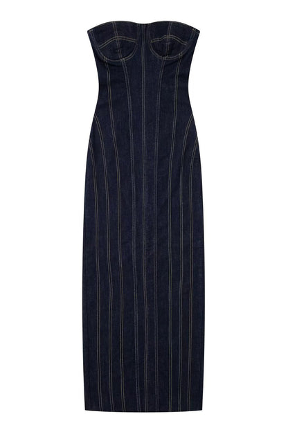 Arlene Strapless Back Slit Denim Maxi Dress