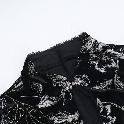 Cap sleeve flower pattern velvet button maxi dress