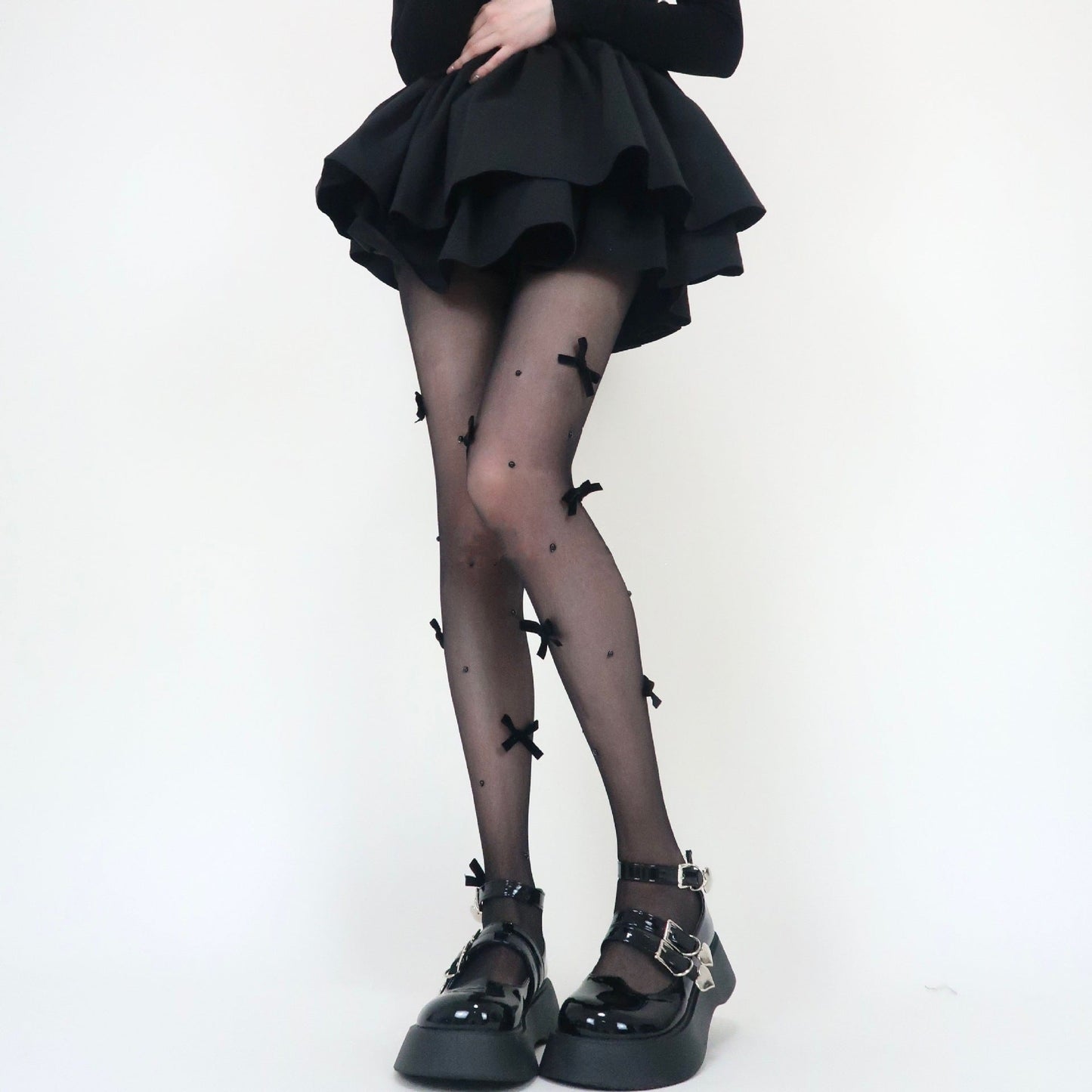 Sheer mesh faux pearl bowknot tights