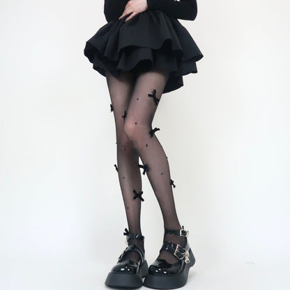 Sheer mesh faux pearl bowknot tights