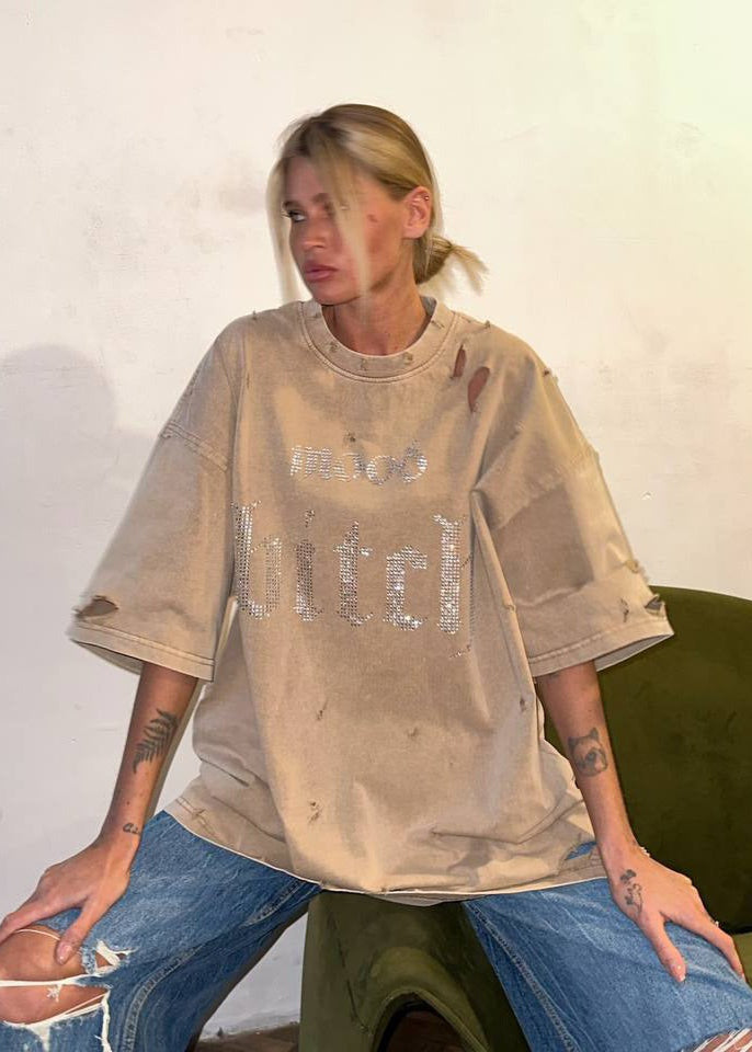 Distressed Rhinestone Graphic Oversized Tee
