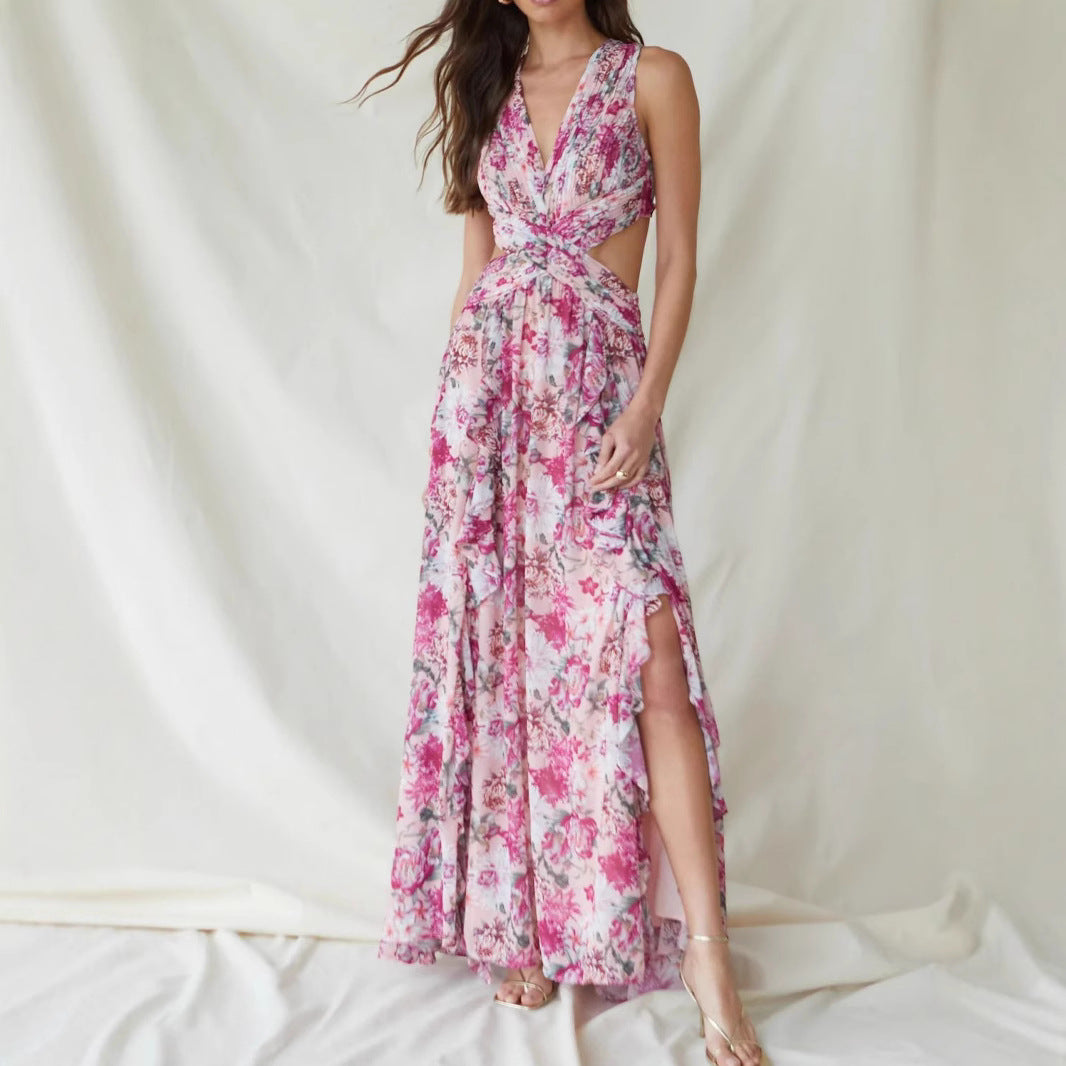 Sweet Floral Tiered Maxi Dress with Side Slit French Style