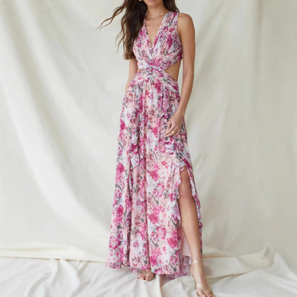 Sweet Floral Tiered Maxi Dress with Side Slit French Style