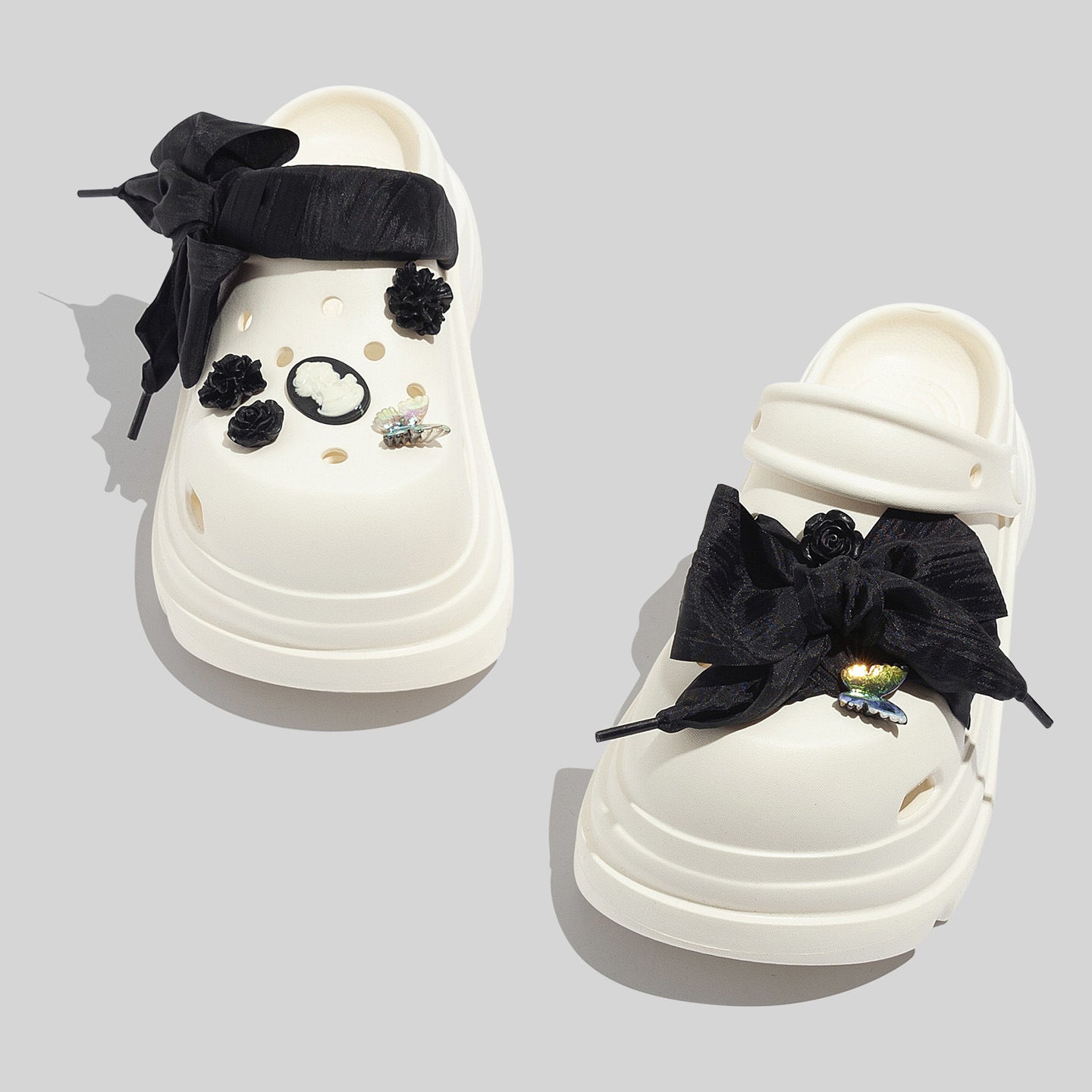 Women's Fashionable White Chunky Clogs With Appliques And Accessories